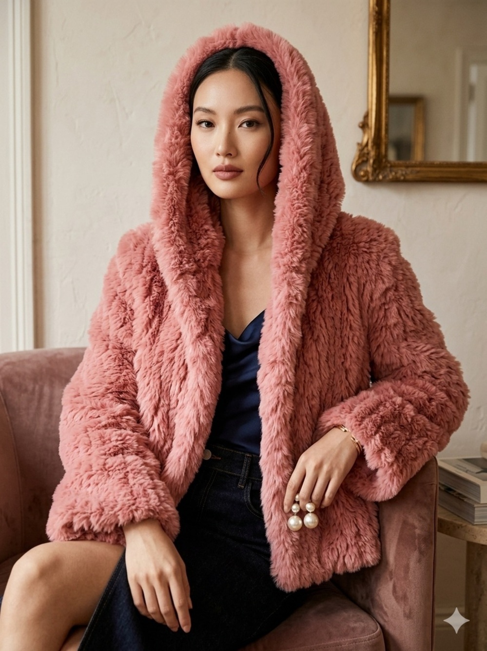 Brand-New Animal Friendly Plush Hooded Faux Fur Jacket - Pink